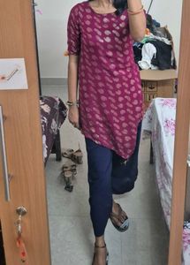 Foil Print Asymmetric A-line Wine Colour Kurti