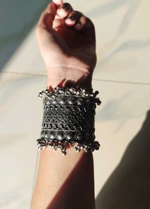 Silver Oxidised Ghungroo Cuff Bangle Bracelet