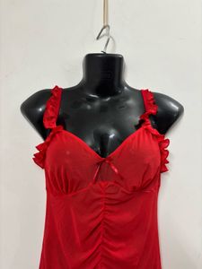 Women Ruched Mesh Dress Red