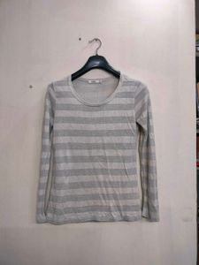 Gray And White Striped Long Sleeve Top