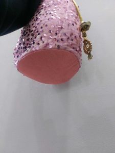 Pink Velvet Potli With Sequin Work &amp; Pearl Strings