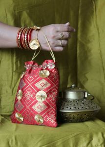 Red &amp; Gold Embellished Potli Bag