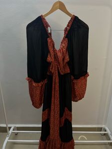 Printed Orange-Black Tiered BOHO Maxi