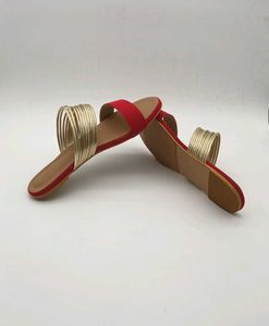 Red And Gold Flat Sandals.