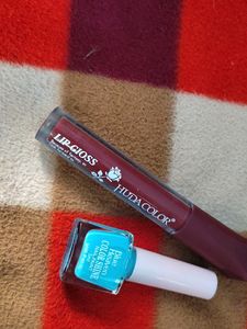 Sky blue nailpaint and mehroon liquid lipgloss