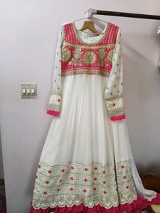 White &amp; Pink Embroidered Anarkali