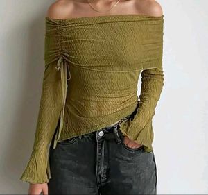 Newme Olive Ruched Off Shoulder Top