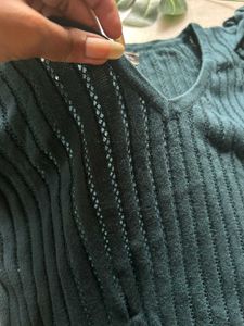 Green Ribbed V-Neck Top