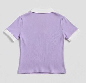 Lilac &amp; White Contrast Collar Ribbed Polo Crop Top