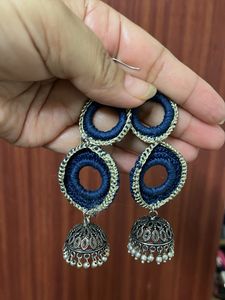 Handmade Navy Crochet Jhumka Earrings