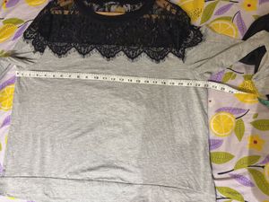 Gray &amp; Black Lace Trimmed Long Sleeve Top