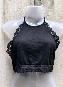 44156. Black Lace Trim Halter Top