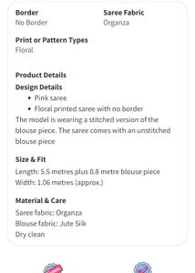 Pink Floral Organza Saree with stitched blouse.