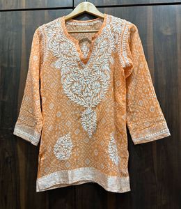 Soft Mulmul Cotton Chikankari Orange Kurti