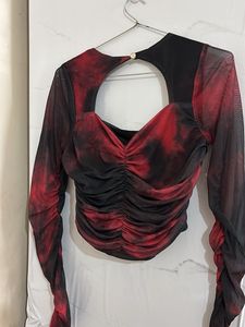 Red &amp; Black Mesh Long Sleeve Top