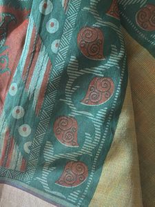 Green Net Saree With Silver And Red Border
