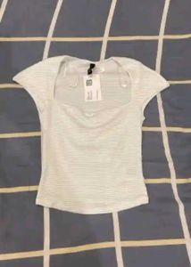White Striped Square Neck Top