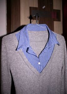 Grey V-Neck Knit Top with Blue Shirt