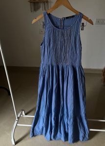 GOA PARIS Blue Linen Cotton Fit&amp;Flare MAXI