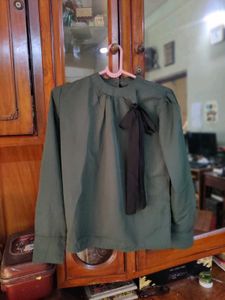 Bottle Green Formal Office Wear Top Black Ribbon