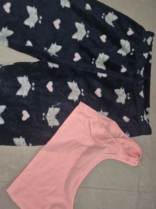 Cute Pajama Set Kitty-Furr Pants &amp; Pink Bralette