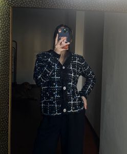 BLUE TWEED PLAID  BUTTONED DOWN CARDIGAN