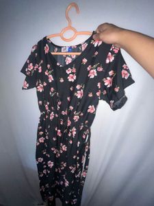 Black Floral Japanese Blossom Print Dress. Size-XL