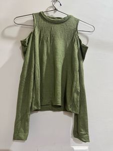 Olive Green Ribbed Cold Shoulder Top