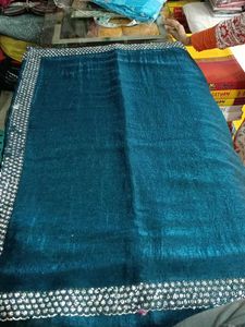 Teal Blue Saree with Silver Border(Marginal Issue)