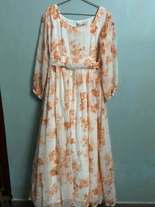 White & Orange Floral Maxi Dress with Belt
