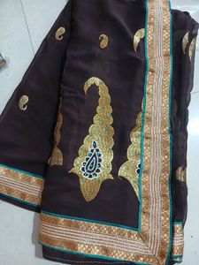 Brown & Gold Embroidered Sari