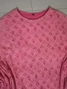 Pink Lace Tunic Top with Pom-Pom Trim