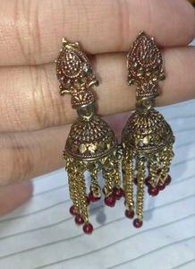 Oxidised Gold Jhumka And Small Blue Jhumki