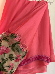 Coral Floral Embroidered Sari