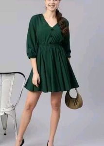 Green V-neck Pleated Fit &amp; Flare Dress