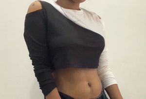 Urbanic Rib Black White Cold Cut Shoulder Crop Top