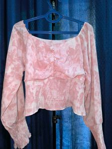 Chic-pink Tie Dye Crop Top With Puffy Sleeves
