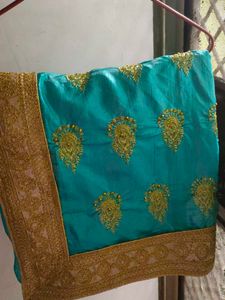Elegant Teal &amp; Gold Embroidered Saree