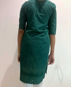 Teal Kurta and White Plazzo Chikankari Set