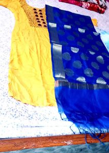 Elegant Blue Banarasi Silk Suit With Sare