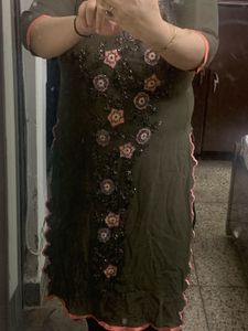 Brown Kurti With Cutdana Work.. Cutwork In Pink