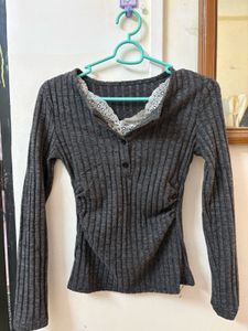 Ribbed Knit Top with Lace Trim