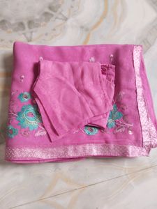 Pink Embroidered Saree With Stitched Blouse ✨