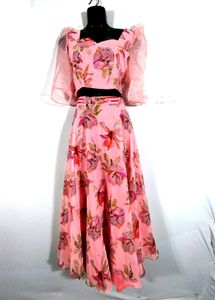 Pink Floral Print Blouse And Skirt (Women's)