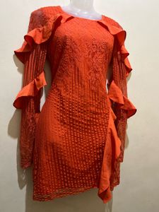 Koovs Branded Orange Ruffle Long Sleeve Dress