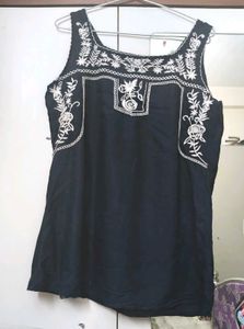 Navy Blue Embroidered Sleeveless Top