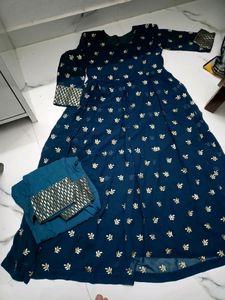 Teal Flore Length Gown With Pant N Dupatta