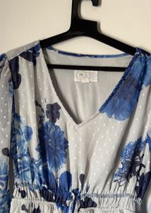 Blue And White Dress With Tie Waist