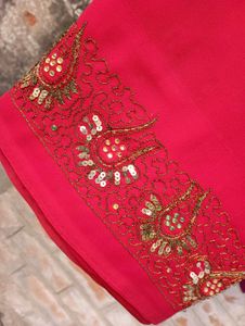 Red Georgette Saree With Hand Done Embroidery