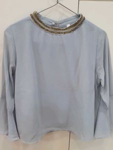 Silver Beaded Collar Blouse For Office
